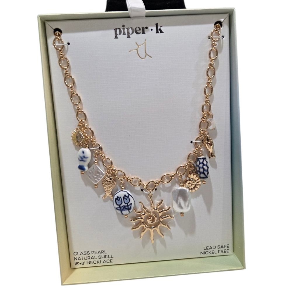 💛🔹️Piper K 🔹️ Glass Pearl Natural Shell Nautical SunGold Tone  18in  Necklace